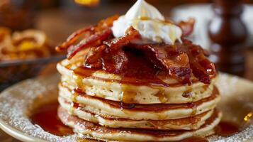 un' Torre di soffice Pancakes sormontato con smaltato in acero Bacon e un' ciuffo di frustato crema foto