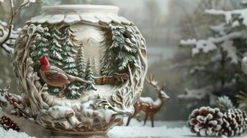 un' meravigliosamente artigianale ceramica vaso con un' intagliato a mano design di un' nevoso foresta con cervo e un' rosso cardinale. foto
