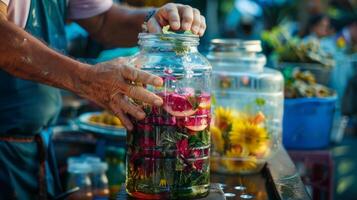 un' venditore con orgoglio regali il suo famiglie tradizionale ricetta per infusa primavera acqua passato giù per generazioni foto