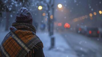 un' uomo impacchettare su nel caldo Abiti per partire per un' mattina camminare nonostante il freddo e buio inverno tempo metereologico foto