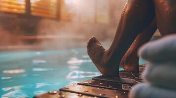 un Immagine di un' persona utilizzando un' sauna dopo un' allenarsi sottolineando Come sauna uso può aiuto nel muscolo recupero e ormone equilibrio. foto