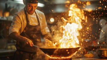 il chef uso tradizionale cucinando ods infusione il piatti con il unico e fumoso gusto di il Aperto fuoco. 2d piatto cartone animato foto