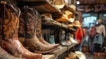 un' shopping escursione per un' occidentale indossare memorizzare dove il gruppo trova accoppiamento cowboy stivali e cappelli per il grande notte su foto