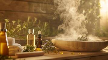 il vapore turbinii in giro un' sauna organizzatore come essi accuratamente posare su disintossicante erbe aromatiche e oli pronto per un' postfestività sauna sessione. foto