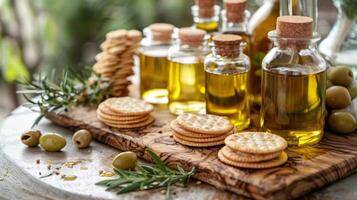 un' semplice ancora elegante impostare per un a casa oliva olio degustazione con cracker e diverso oli disposte su un' di legno ting tavola foto