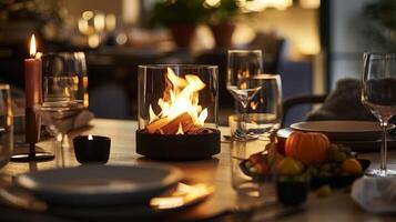 il dolce calore di il tavolo camino crea il Perfetto ambiente per un' senza fretta cena con amato quelli. 2d piatto cartone animato foto