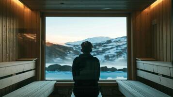 il svenire suono di musica giocando nel il sfondo come un' viaggiatore prende un' momento per rilassare e riflettere nel il sauna post-viaggio. foto