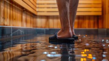 un' raffigurazione di un' sauna utente indossare antiscivolo calzature per impedire slittamento e caduta su il bagnato sauna pavimento. foto