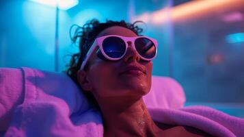un' persona sensazione ringiovanito e rilassato dopo un' virtuale sauna sessione con un' senso di complessivamente benessere e migliorato umore. foto
