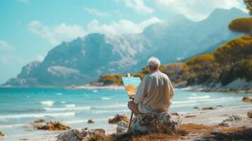 un' tranquillo Immagine di un' pensionato seduta su un' liscio spiaggia roccia avidamente pittura il maestoso rotolamento montagne quello telaio il lontano riva foto