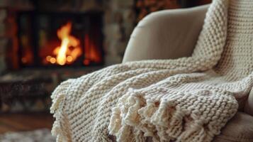 un' a maglia coperta riposa su il braccio di un' con la schiena bassa poltrona pronto per qualcuno per accogliente su nel davanti di il fuoco. 2d piatto cartone animato foto