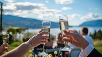 Champagne bicchieri tintinnio insieme come ospiti aumentare un' crostini per il bellissimo Visualizza e delizioso azienda. 2d piatto cartone animato foto