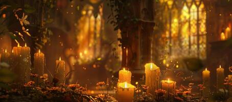illuminato di tremolante lume di candela il narratori animato gesti portare il narrazione per vita. 2d piatto cartone animato foto