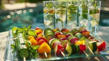 un' vassoio di vivace frutta e verdura spiedini visualizzato a fianco bicchieri di raffreddato infuso di cetriolo acqua foto