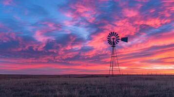 un' solitario mulino a vento sta alto contro il colorato cielo simboleggiante il laborioso e resiliente natura di il ranch foto