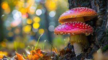 un' di colorato funghi in crescita sotto il ombra di un' albero un' piccolo ma bellissimo parte di un' più grandi ecosistema foto