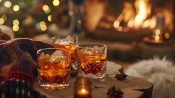 un' accogliente focolare sala fornisce il ideale ambientazione per un' inverno mestiere cocktail ora completare con caldo bevande e festivo cocktail foto