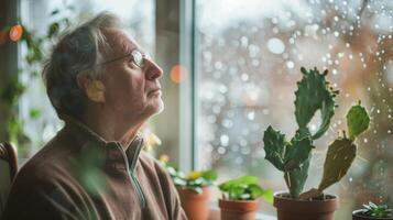 un' uomo sta nel davanti di un' davanzale giardino il suo viso illuminazione su come lui vede nuovo crescita su il suo preferito cactus foto