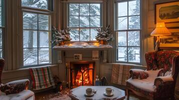 con un' tazza di caldo cacao nel mano ospiti può accogliente su per il letto e colazioni camino e orologio il nevicata fuori. 2d piatto cartone animato foto