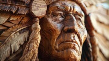 un' di legno scultura di un' nativo americano capo guardando intensamente in il distanza il suo stoico espressione comandare Attenzione foto