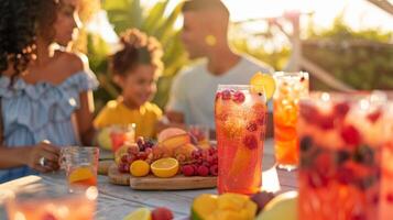 un' famiglia seduta a un' picnic tavolo nel il ombra condivisione un' frutta piatto e godendo un' varietà di non alcolico spritz cocktail analcolici foto