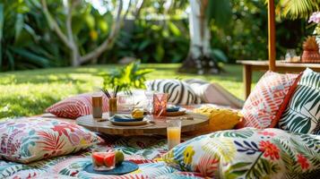Immagine 13 un' Giardino dietro la casa scena di un' di ispirazione tropicale picnic impostare con un' Basso tavolo con sovradimensionato cuscini per posti a sedere coperto nel un' varietà di tropicale Stampa coperte e cuscini foto