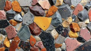 un' macro Immagine di un' terrazzo controsoffitto in mostra suo maculato superficie fatto su di colorato patatine fritte di marmo quarzo o bicchiere la creazione di un' unico e accattivante Guarda foto