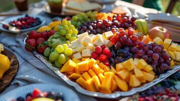 un' varietà di fresco frutta e disposte nel un' visivamente piacevole maniera aggiungendo un' scoppiare di colori e sapori per il lussuoso picnic foto