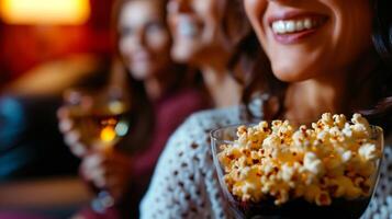 un' accogliente film Teatro pieno con donne spuntini su Popcorn e sorseggiando su senza Alchol vino durante un' film notte foto