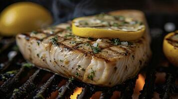 scavare in un' acquolina in bocca pesce spada bistecca grigliato per perfezione al di sopra di un Aperto fiamma. il piccante Appunti di Limone Inserisci luminosità per ogni mordere mentre il caldo splendore di il cuore foto