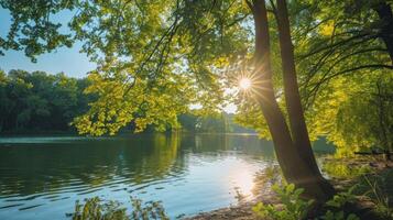 un' sereno lago circondato di lussureggiante verde alberi con il sole splendente delicatamente su il acqua come qualcuno pratiche guidato immagini meditazione su suo riva foto
