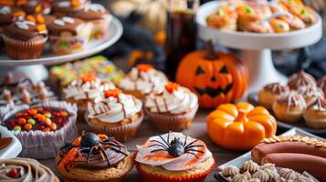 un' tavolo pieno con dolce ossequi e spuntini come come zucca biscotti ragno cupcakes e mummia caldo cani tutti senza Alchol e Perfetto per il Halloween festa foto