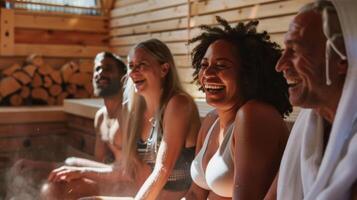 un' gruppo di persone ridendo e chat come essi sudore su tossine nel il sauna insieme. foto
