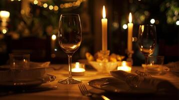 un' a lume di candela cena ambientazione completare con un' romantico tavolo per Due votazione il individuare dove il coppia primo incontrato a loro senza Alchol anniversario festa foto