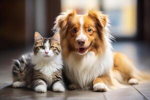 un' cane e un' gatto menzogna su il terra Il prossimo per ogni altro e riposo pacificamente. amicizia fra animali. foto