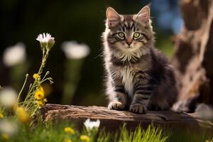 un' piccolo gattino è seduta su un' ceppo, curiosamente e scherzosamente Guardando il dintorni. foto