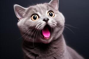 un' sorpreso grigio gatto è raffigurato con suo bocca Aperto e suo lingua attaccare fuori. foto