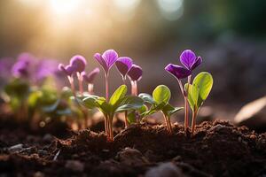 un' grappolo di vivace viola fiori emergente a partire dal Marrone suolo nel un' giardino o naturale ambientazione. foto
