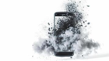 mentale Salute nel sociale media era mostrato di un' Cracked smartphone schermo emitting buio nuvole, isolato su bianca sfondo foto