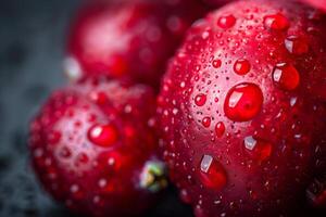 vicino su di un' mirtillo con goccioline di acqua, vivace rosso contro un' buio sfondo foto