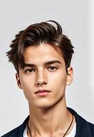 ritratto di un' giovane caucasico maschio con elegante capelli e un' delicato Sorridi, ideale per moda e bellezza temi o gioventù focalizzata soddisfare foto