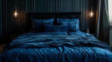 accogliente moderno Camera da letto interno con blu biancheria da letto e caldo ambientale illuminazione, adatto per casa arredamento temi e mondo dormire giorno promozioni foto