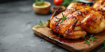 succoso arrostito pollo guarnito con fresco rosmarino su un' rustico di legno asse, ideale per ringraziamento e festivo vacanza cene foto