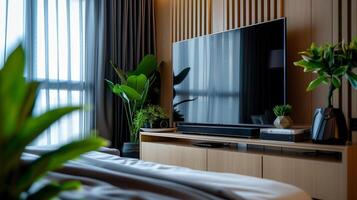 moderno vivente camera con grande piatto schermo tv e piante d'appartamento, in mostra interno design e casa divertimento concetti, ideale per pubblicità e vero tenuta foto
