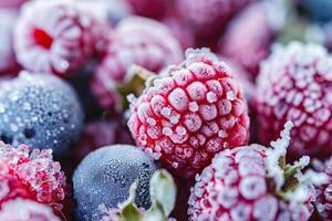 congelato frutti di bosco con ghiaccio cristalli, vicino su, croccante e freddo visivo struttura foto