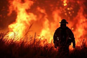 solitario pompiere combattendo un' erba fuoco, silhouette contro un' fondale di intenso fiamme e Fumo foto