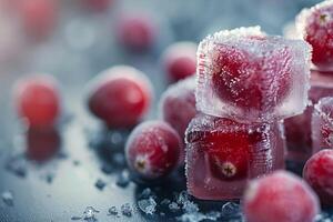 mirtilli congelato nel ghiaccio cubi, vicino su su un' raffreddato bicchiere superficie foto