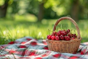 cestino di maturo ciliegie su un' picnic lenzuolo, soleggiato giorno nel il parco ambientazione foto