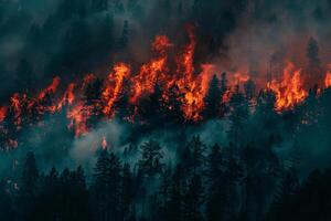 wildfire furioso attraverso un' denso foresta, torreggiante fiamme e di spessore Fumo sotto un' buio cielo foto