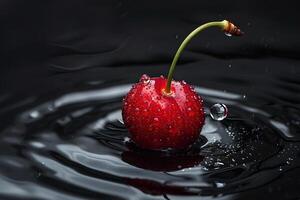 minimalista tiro di un' ciliegia con un' Perfetto far cadere di acqua, in profondità rosso su nero sfondo foto